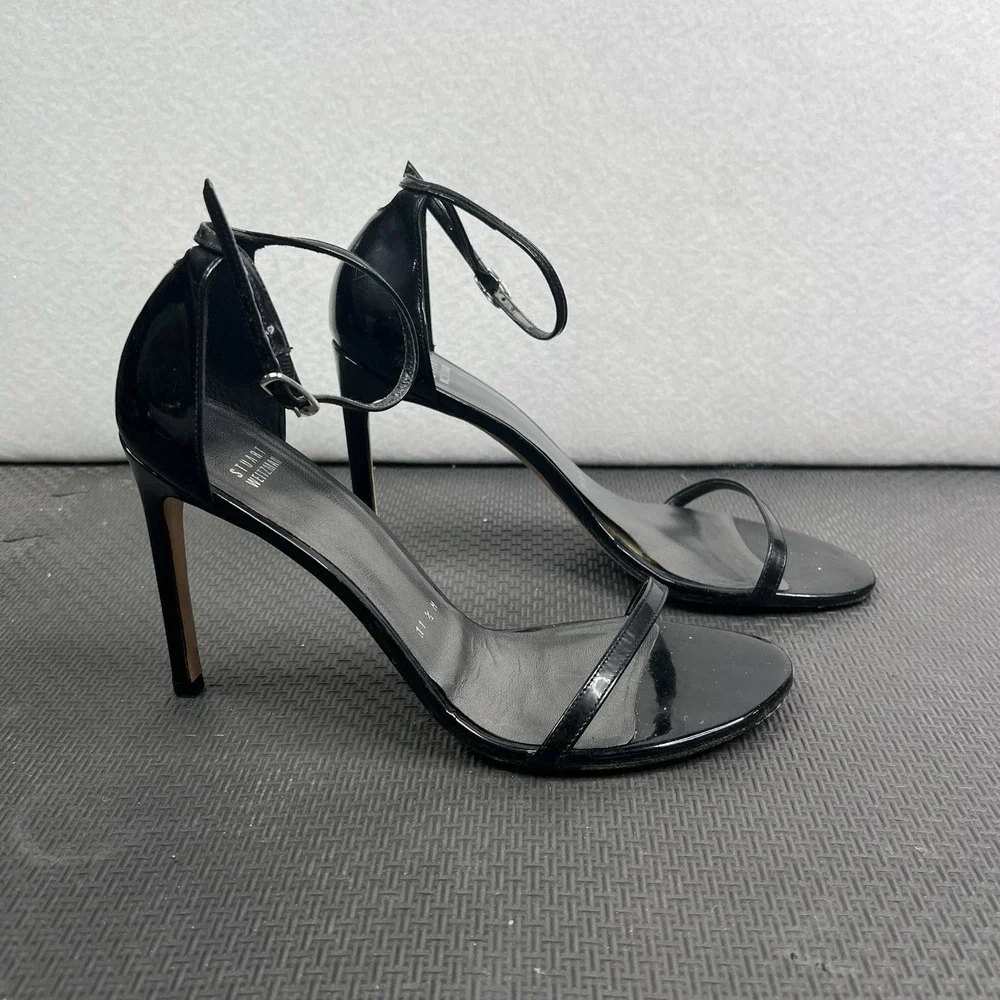 Stuart Weitzman Black Patent Nudist Sandals 11.5M Ankle Strap Stiletto Formal - Picture 2 of 16